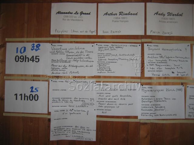 Open Space: "Schwule Gesundheit" (vermutlich April 2006, Vaumarcus) – vermutlich Übersicht der verschiedenen Diskussionsgruppen