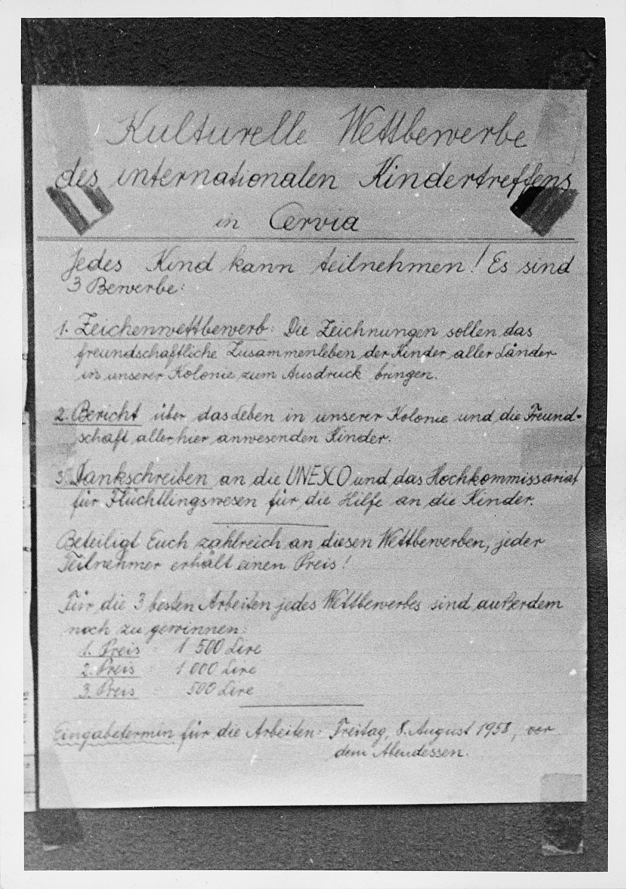 Internationales Kindertreffen in Cervia, Sommer 1958; Anschlag:"Kulturelle Wettbewerbe"
