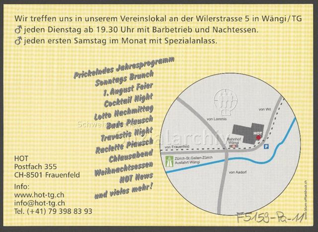 Angaben zum Standort des Vereinslokals (mit Karte), zu den Treffpunktzeiten und zum Jahres-/Programm; Impressum – Werbeflyer von "Hot-Thurgau" (Thurgau)