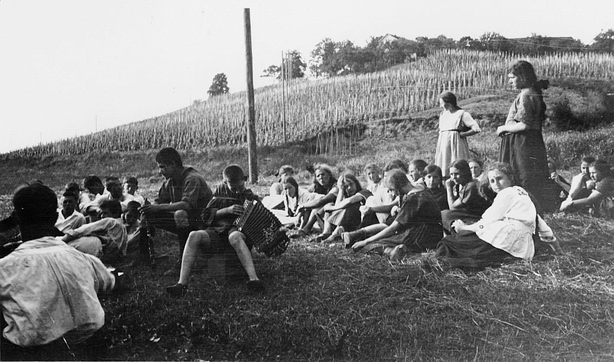 Wandervogel-Landsgemeinde in Teufen - Kleingruppe von Wandervögeln auf der Wiese sitzend - Ein Wandervogel Akkordeon spielend (1922)