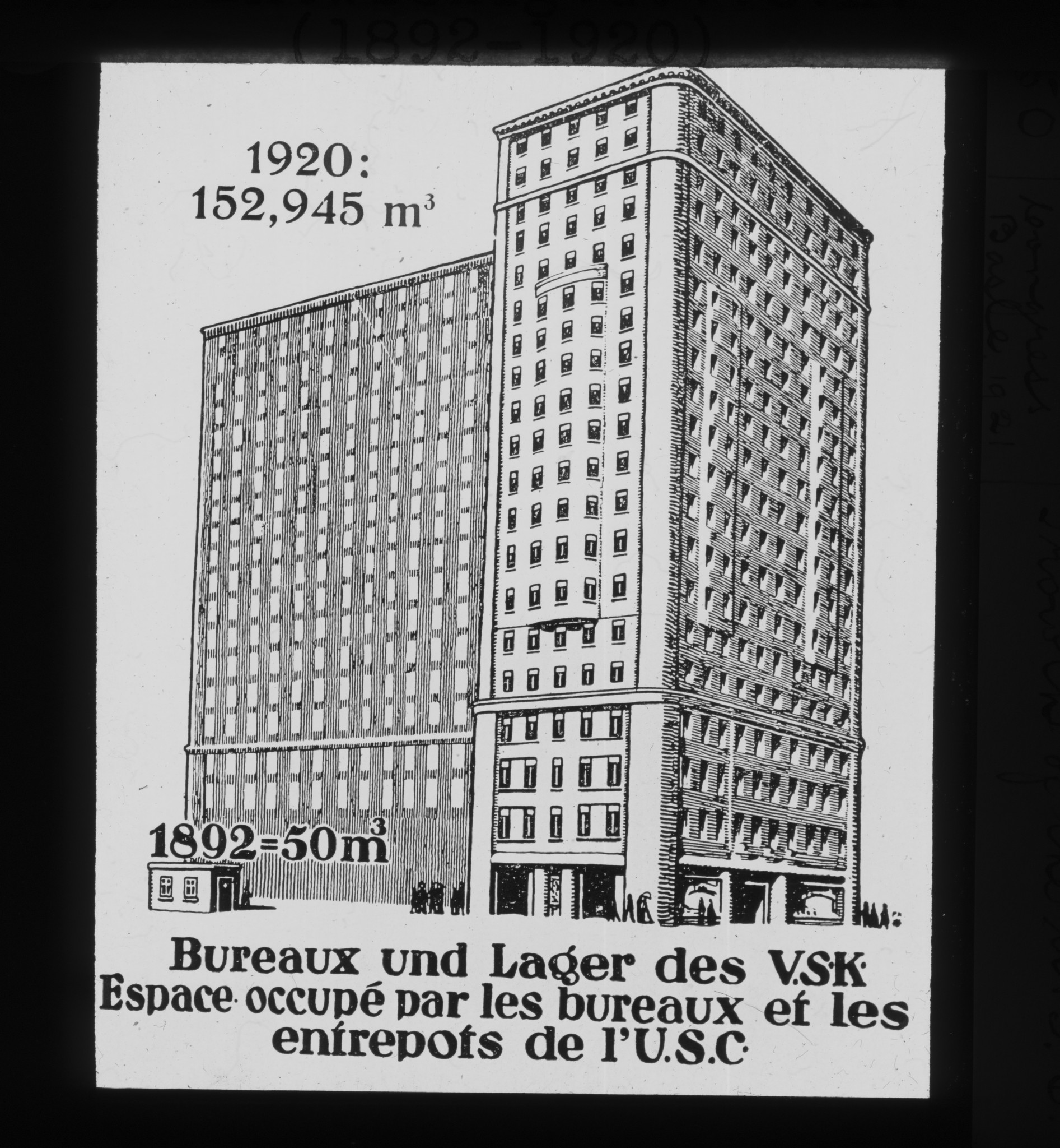Dia: Entwicklung des VSK (Verband schweizerischer Konsumvereine) 1892-1920: Zeichnung "Bureaux und Lager des VSK".