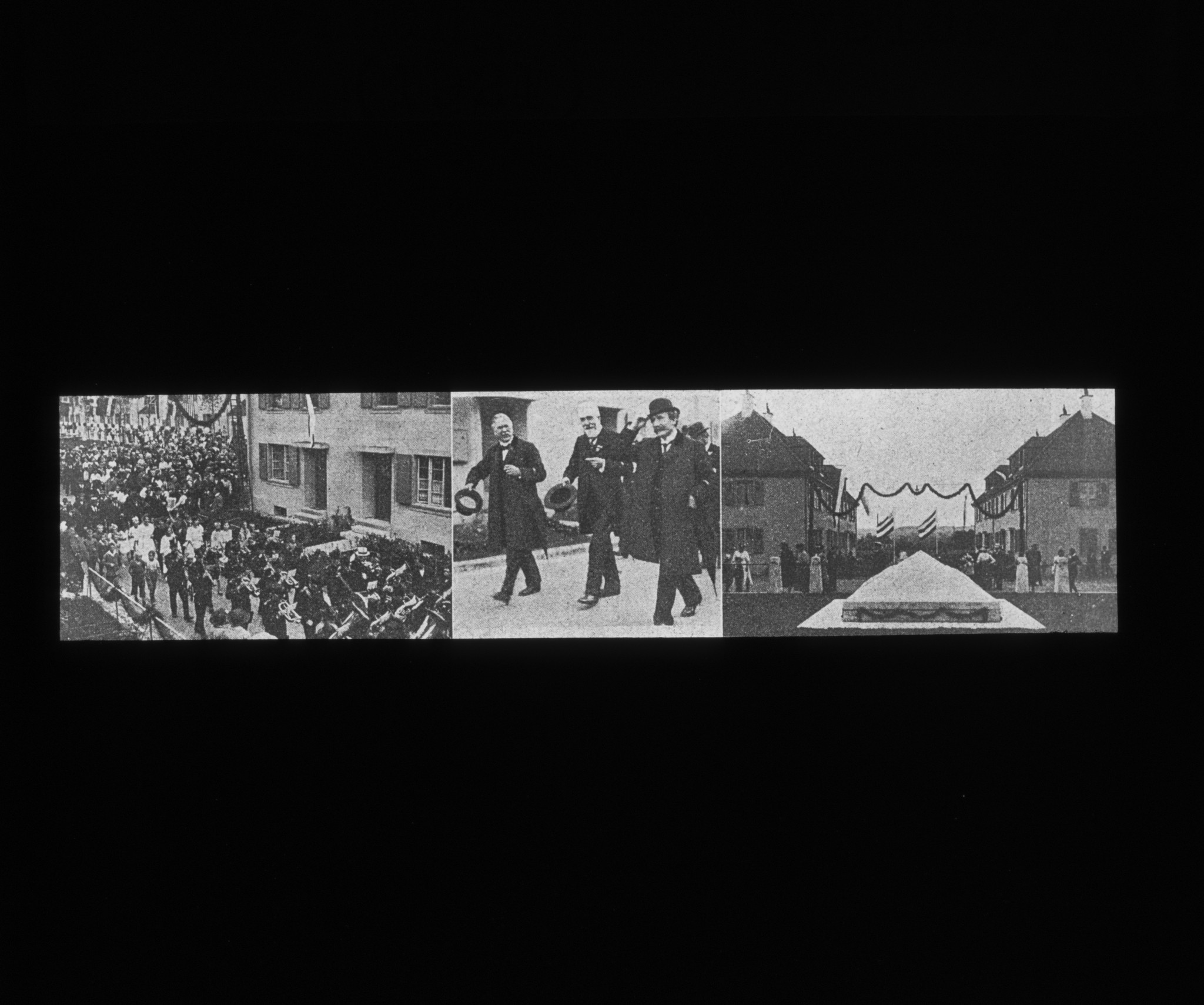 Dia. Erinnerung an die Einweihung des "Freidorfes" in Muttenz, genossenschaftliche Siedlung des VSK (Verband schweizerischer Konsumvereine) 1921: Umzug, Musik, Festakt (?)