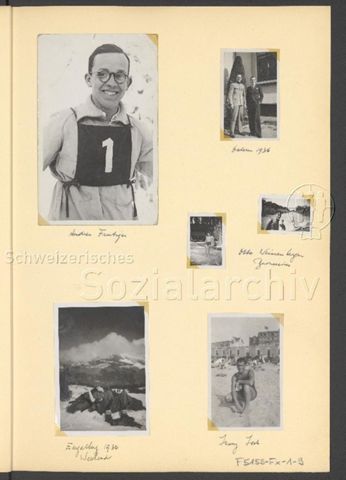 Fotoalbum Nico Kaufmann, 1928–1950 – "Andres Frutiger" (oben links), "Ostern 1936" (oben rechts), "Otto Weissenberger" (mitte rechts), "Engelberg 1936, Weekend" (unten links), "Jonny Jost" (unten rechts), 1936