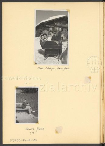 Fotoalbum Nico Kaufmann, 1928–1950 – "Madi Ebinger, [...]" (oben), "Horowitz Gstaad, 1938" (unten), 1938