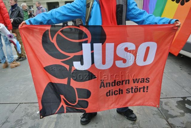 Kundgebung in Bern gegen die Familieninitiative der CVP (16.11.2013, Bern) – Transparent mit sozialistischer/sozialdemokratischer Rose: "JUSO – Ändern was dich stört!"