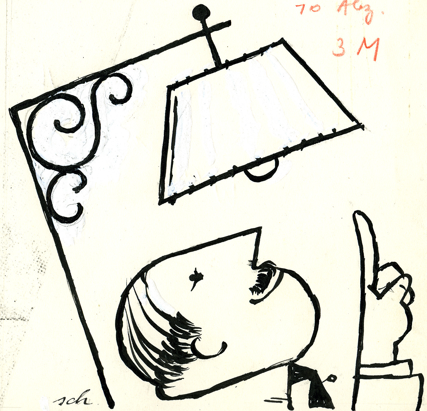 Mann mit Finger auf eine Lampe zeigend