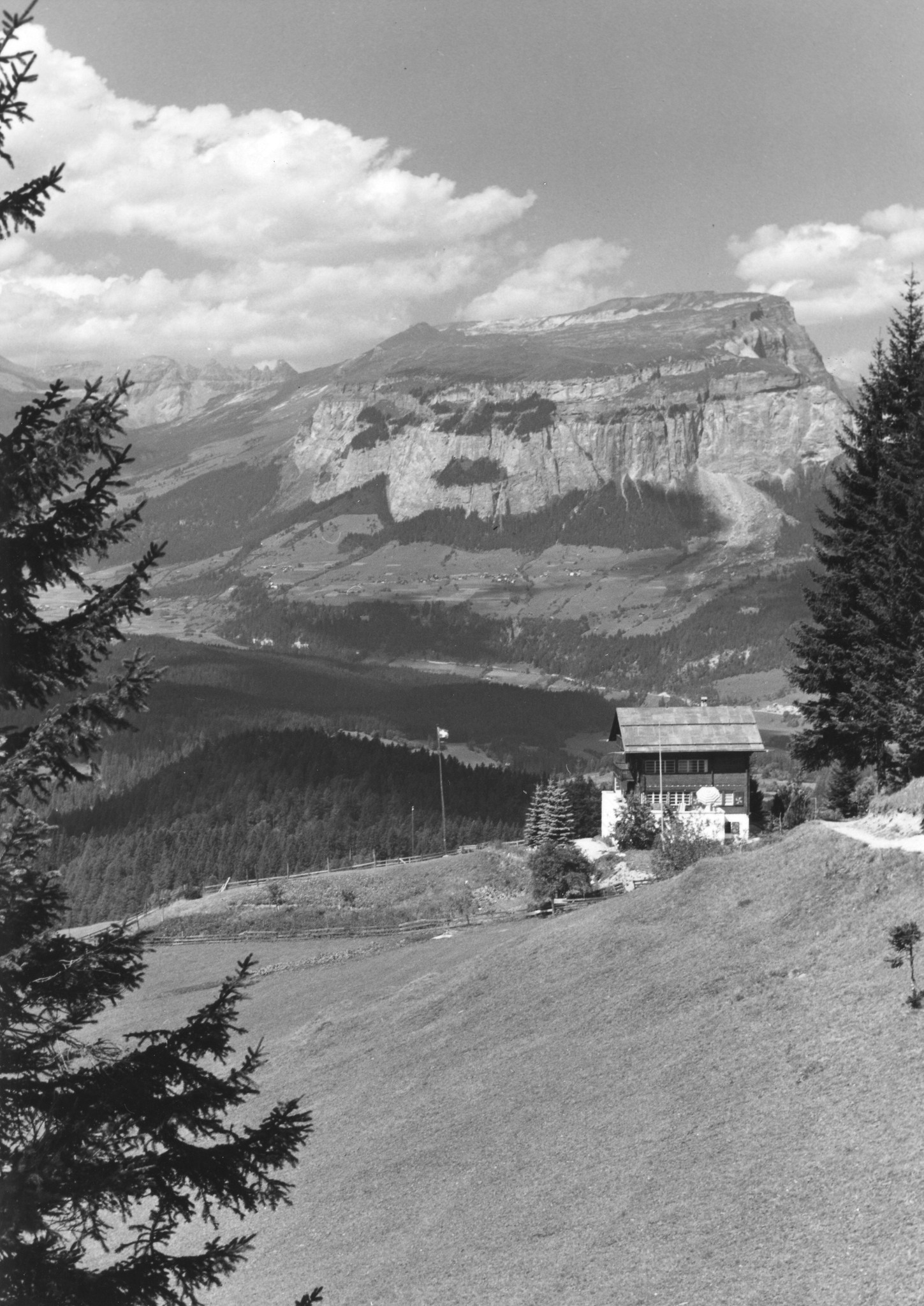 Seitenansicht des Ferienhauses, im Hintergrund die Alpen