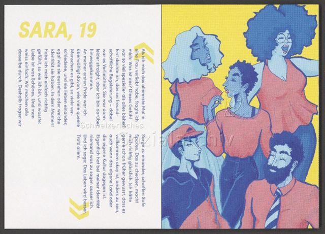 links: "Sara, 19", Kurzportrait; rechts: Personengruppe (Du gehörst nur dir.) – Infobüchlein für Jugendliche der AIDS-Hilfe Schweiz in Zusammenarbeit mit anderen queeren Organisationen über sexuelle Orientierung, Geschlechtsidentitäten und Coming-Out (August 2019)