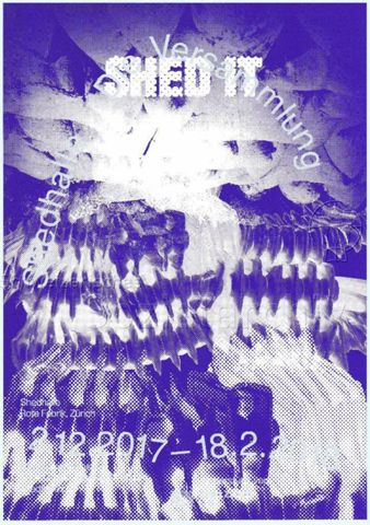 "Shed it / Shedhalle - Die Versammlung" - weisser Schriftzug und grauer Schriftzug in einem ungleichmässigen Bogen vor violettem Hintergrund