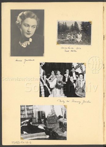 Fotoalbum Nico Kaufmann, 1928–1950 – "Annie Gaielond" (oben rechts), "Lenzerheide 1934, Trudi [...]" (oben rechts), "Party bei Jimmy Gerber" (mitte), um 1934