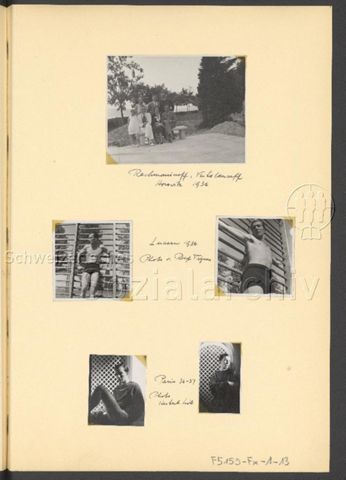 Fotoalbum Nico Kaufmann, 1928–1950 – "Rachenaninoff, Veikslanseff [?], Horowitz 1936" (oben), "Luzern 1936, Photo v.  Rolf [...]" (mitte), "Paris 36–37, Photo Herbert List" (unten)