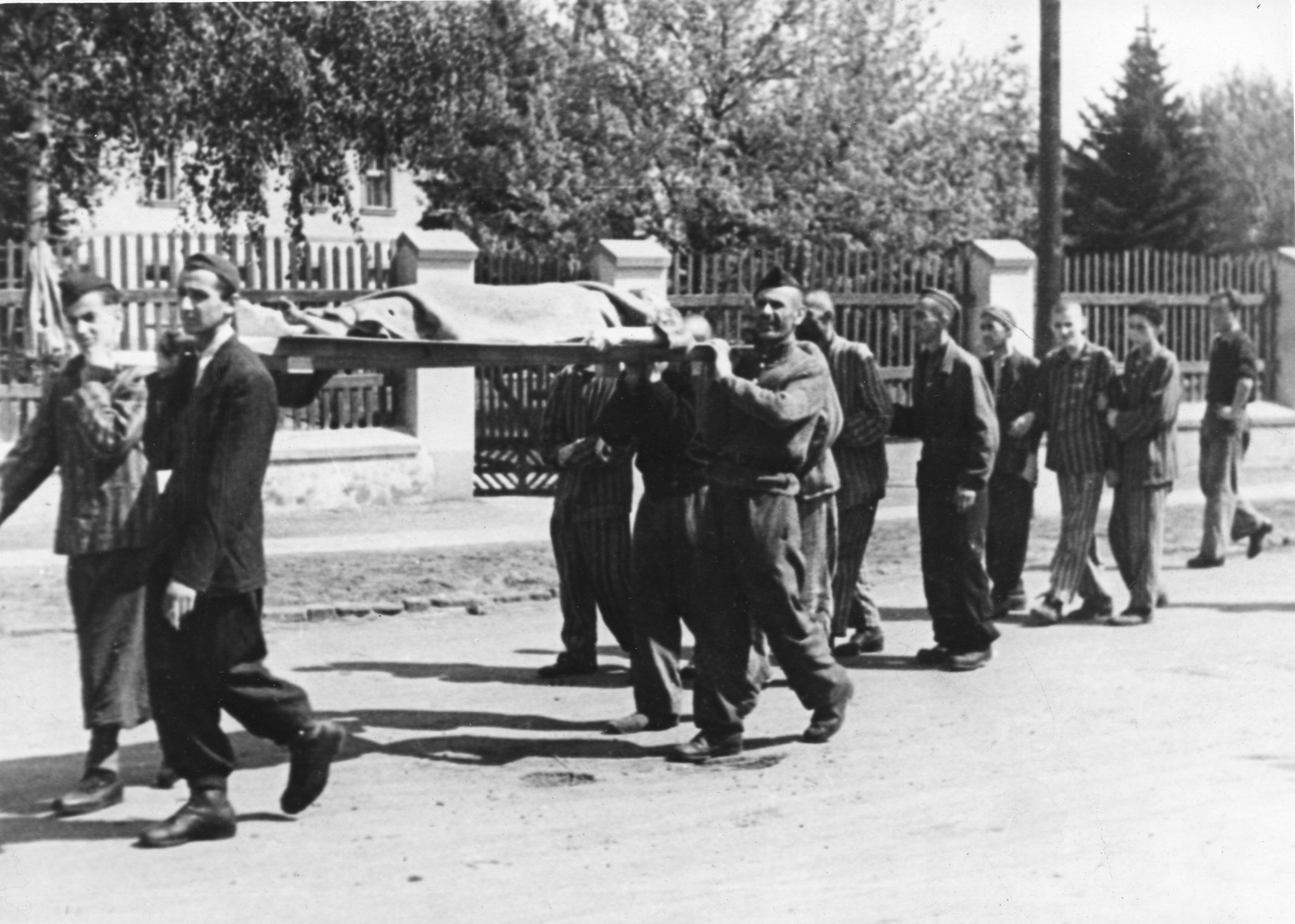 "Teresin [Terezin, Tschechien], enterrement après la libération du camp", befreiten Konzentrationslagerhäftlinge beim Begräbnis eines Toten [Konzentrationslager Theresienstadt], um 1950 (Nachkriegszeit)