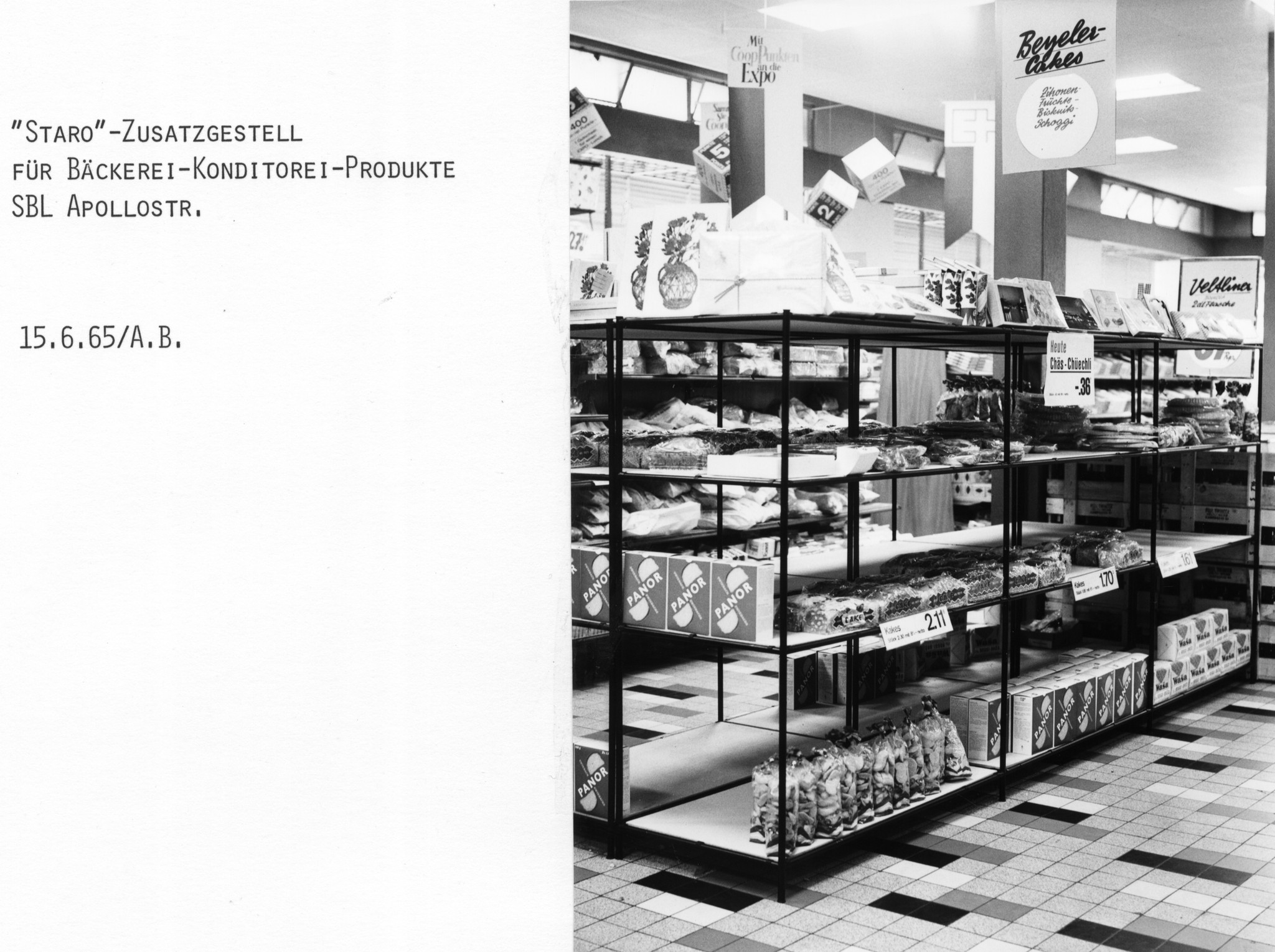Staro-Zusatzgestell für Bäckerei-Konditorei-Produkte in einem Laden des Lebensmittelvereins Zürich an der Apollostrasse, 15. Juni 1964