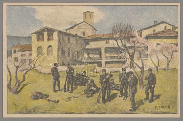 "Innerer Dienst", Soldaten vor einem Gebäude, vermutlich im Tessin, Schweizerische Nationalspende für unsere Soldaten und ihre Familien, ca. 1920