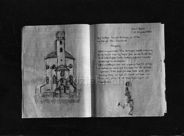 "Auslandschweizerkinder" - Zeichnung und Text der 13-jährigen Linda Sichler, Saas-Balen; 11.07.1967