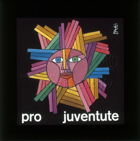 Diaserie von Kinodias, "alten Dias" und Karten der Pro Juventute; "pro juventute"; Zeichnung: verschiedenfarbene Sonne; um 1970
