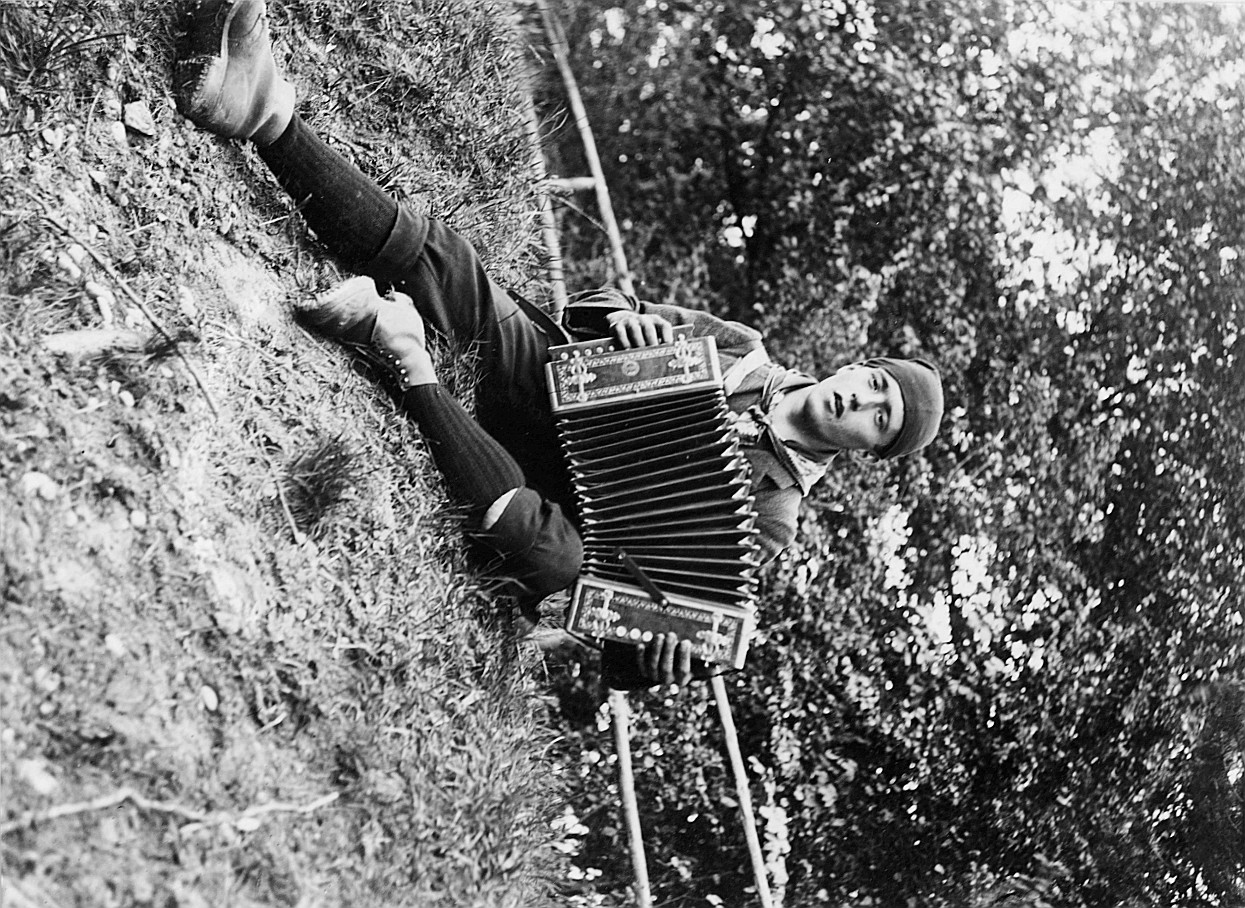Einzelporträt Walter Brack (Wandervogel der Ortsgruppe Winterthur) auf der Wiese Akkordeon spielend (etwa 1913)
