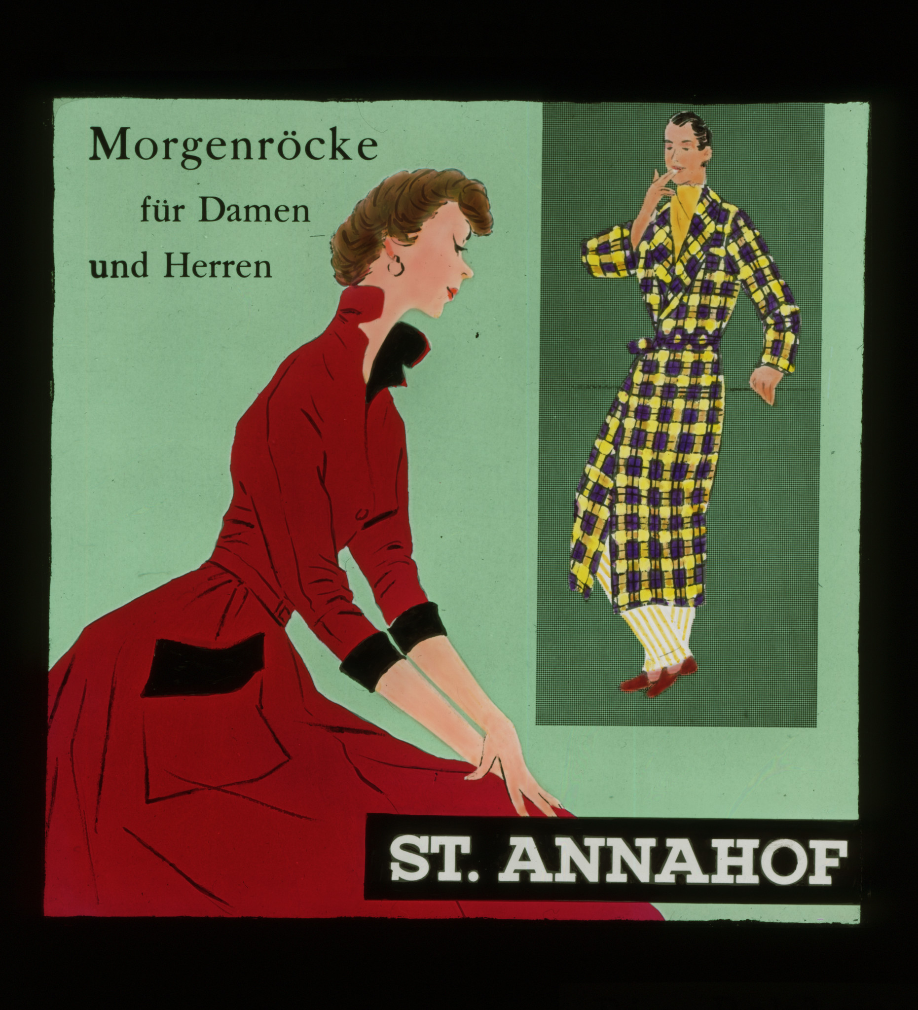 Dia: Werbung für "Morgenröcke für Damen und Herren", im St. Annahof.