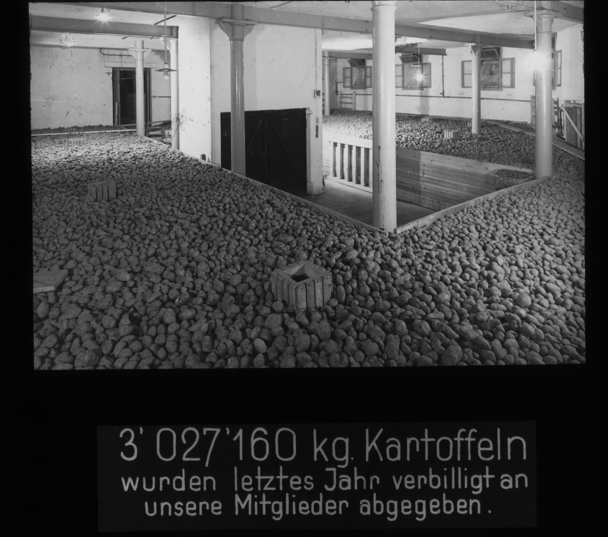 Dia: Lagerhalle voll mit Kartoffeln: "3'027'160 kg Kartoffeln wurden letztes Jahr verbilligt an unsere Mitglieder abgegeben."