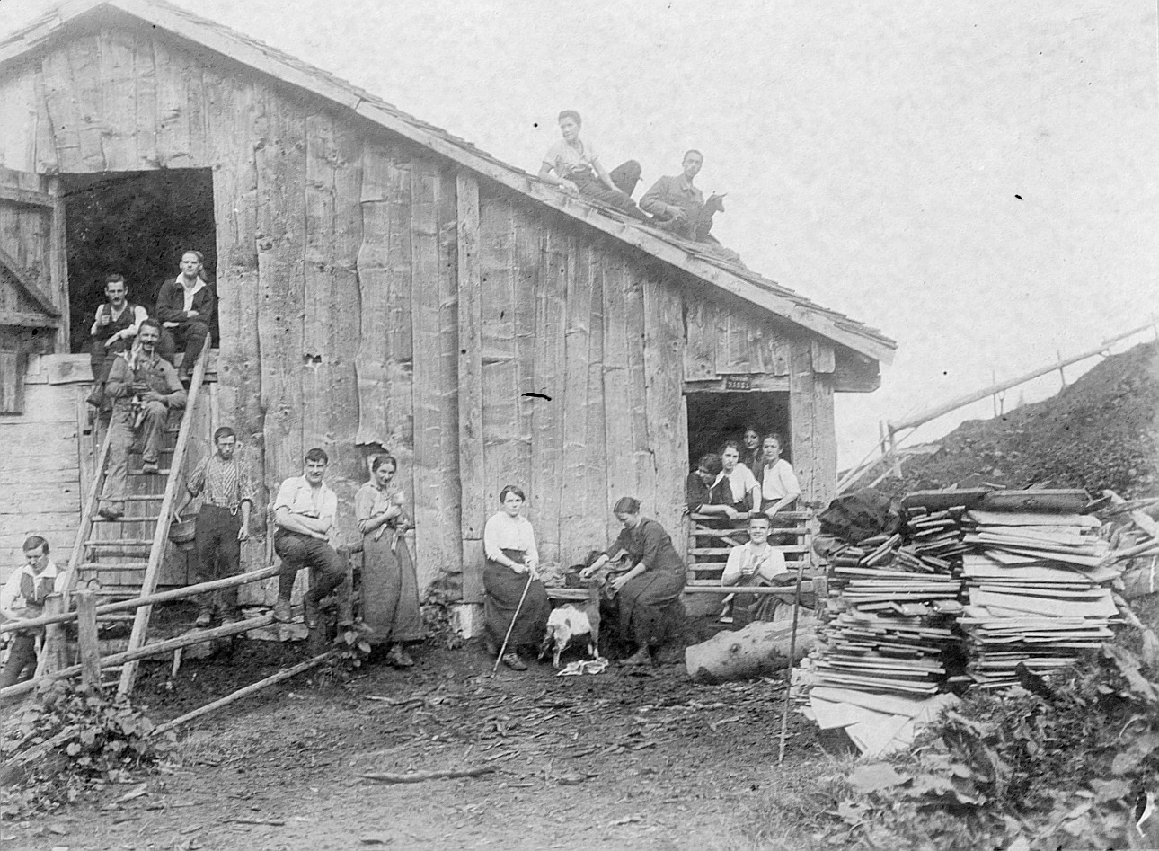 Waldhütte am Fluhberg - Wandervogelortsgruppe Wädenswil - Wandervögel posieren vor und auf der Hütte (1914)