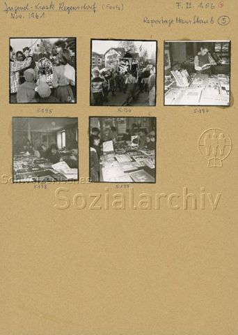 "Kampf der Schundliteratur, Jugendkiosk Regensdorf, November 1961" - Kinder und Jugendliche beim Umzug und im Bücherkiosk