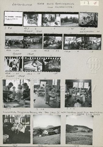 "Kaderschulung, Leiterkurse" - Oben: Gwatt 1948/1949, Wollishofen 1948, Unten: "Handwerkliche Freizeitwoche Herzberg 1954"