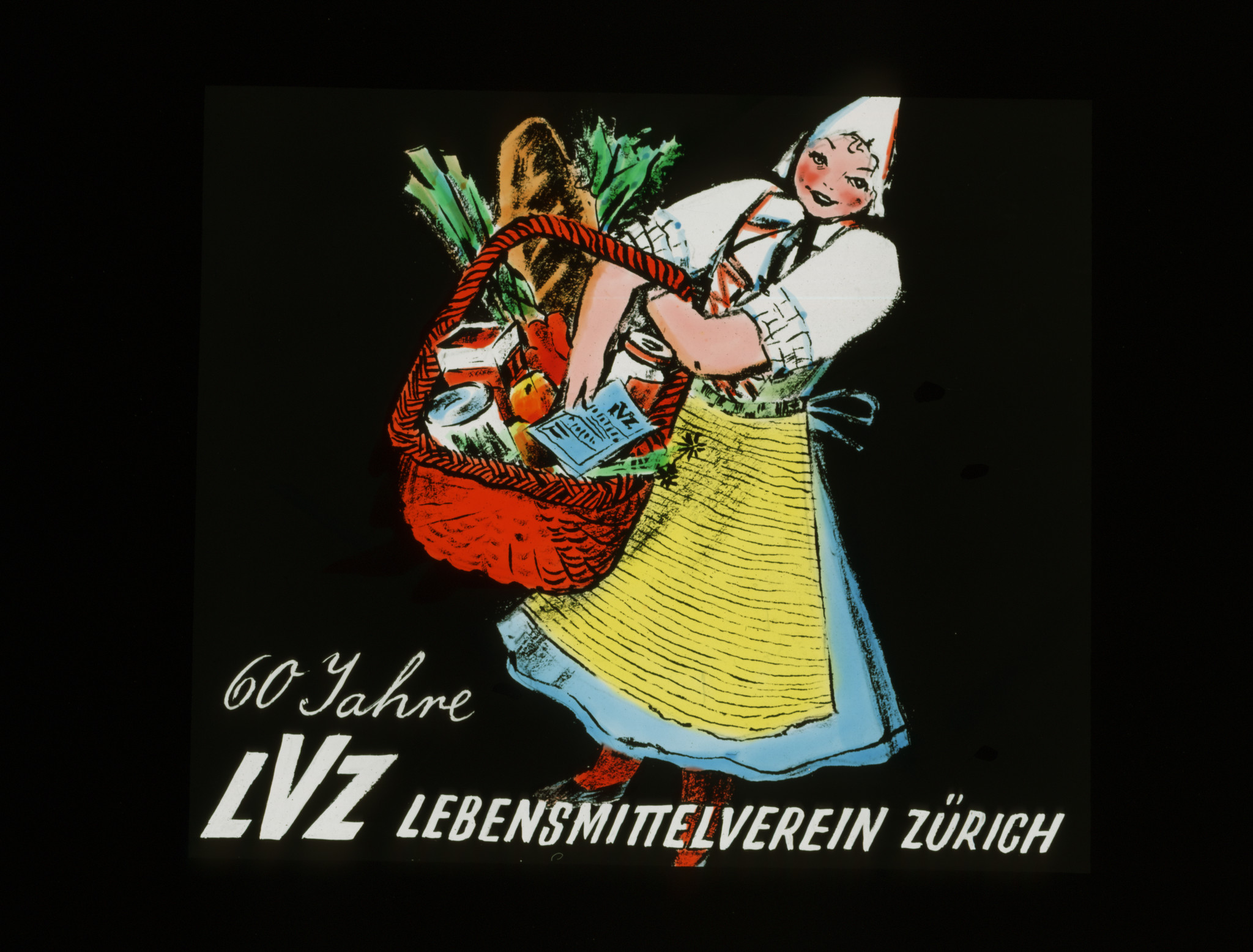 Dia: Frau mit Korb mit Lebensmitteln: "60 Jahre LVZ Lebensmittelverein Zürich".