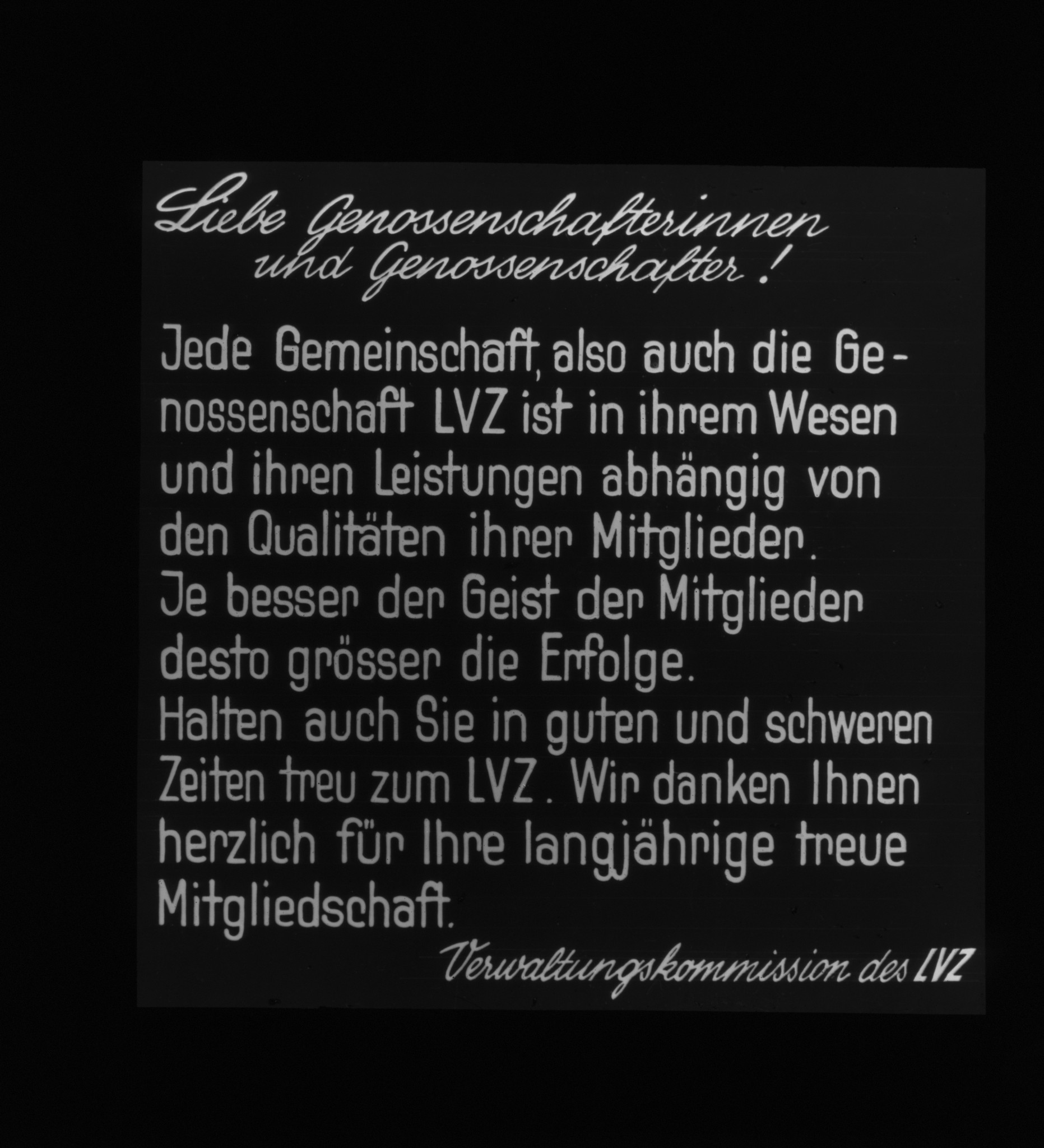 Dia: Mitteilung der Verwaltungskommission des LVZ an die Genossenschafter