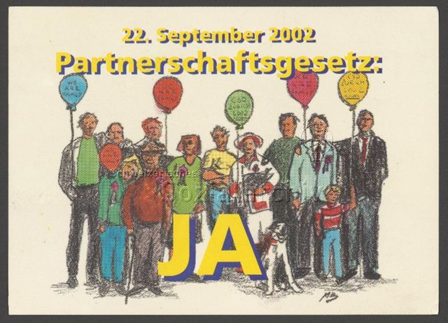 "22. September 2002 – Partnerschaftsgesetz: JA", Personen mit Ballons, "We Are Familiy" oder "CSD Zurich 2002 - Network" auf den Ballons – Ballonwettbewerb des Verein "Network" im Rahmen des Abstimmungskampfes für das Partnerschaftsgesetz (2002, Zürich)