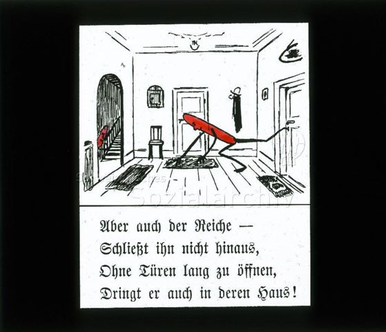 Diaserie zum Thema Kinderkrankheiten, Bazillen, Tuberkulose; "Aber auch der Reiche - Schliesst ihn nicht hinaus, Ohne Türen lang zu öffnen, Dringt er auch in deren Haus!" - Zeichnung: Eingangsbereich eines Hauses, rote Strichmännchen (Bazillen) legen sich auf Türvorleger oder steigen Treppe hoch; um 1930