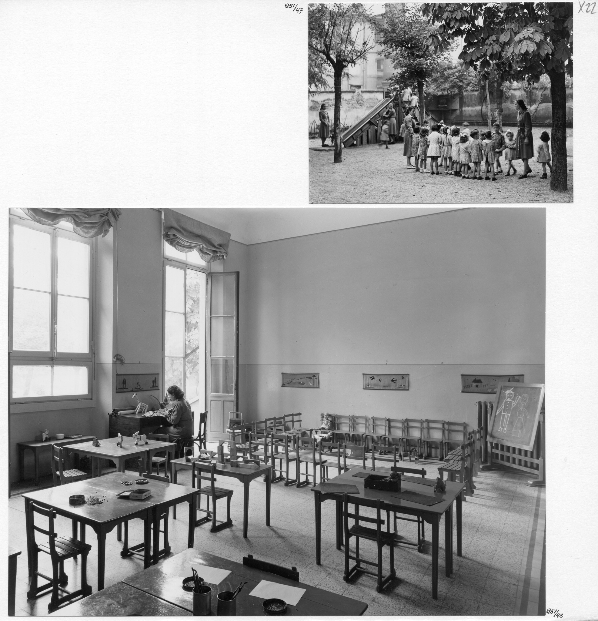Italienisch-schweizerisches Heim für Kinder: Blick in ein Klassenzimmer; Kinder mit Betreuerinnen im Garten