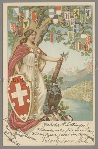 Helvetia, Kantonswappen (Poststempel: 06.04.1903)