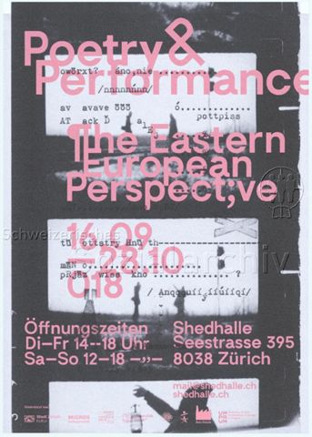 "Poetry & Performance - The Eastern European Perspect;ve" - pinker Schriftzug und im Hintergrund ein alter Filmstreifen