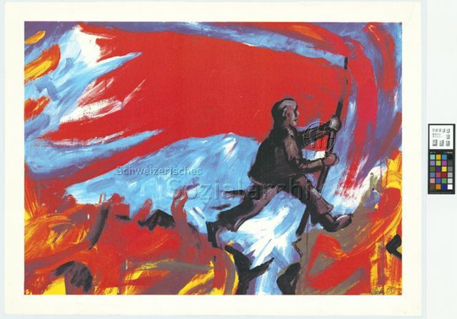Mann mit roter Sturmfahne überwindet Graben, um 1982