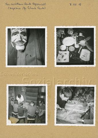"Freizeithaus Reute, Appenzell" - Kinder beim Basteln, Bastelware, Maske; um 1955
