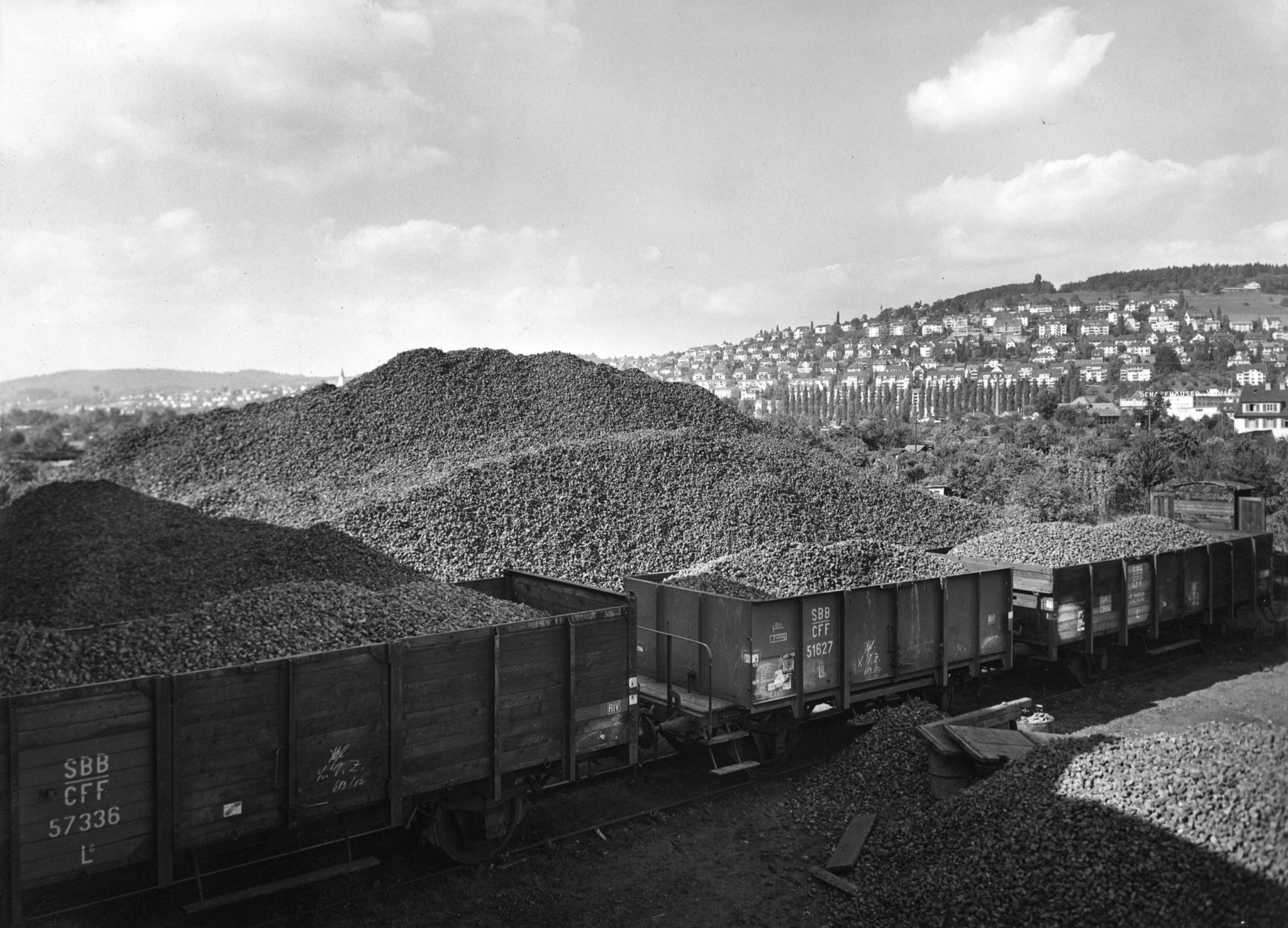 Eisenbahnwaggon im Brennmateriallager des Lebensmittelvereins Zürich an der Turbinenstrasse: Koksberge; im Hintergrund Wipkingen und ein Teil von Höngg