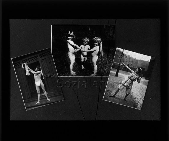 Diaserie zum Thema Kinderkrankheiten; Durch regelmässige Hautpflege und Leibesübungen wird der Körper widerstandsfähig gegen ansteckende Krankheiten, Deutsches Hygiene-Museum; drei Fotografien: Mann am Massieren des Oberarms; drei Kinder stehen nackt im Kreis und halten sich an den Händen; eine Frau am Gewicht heben; um 1930