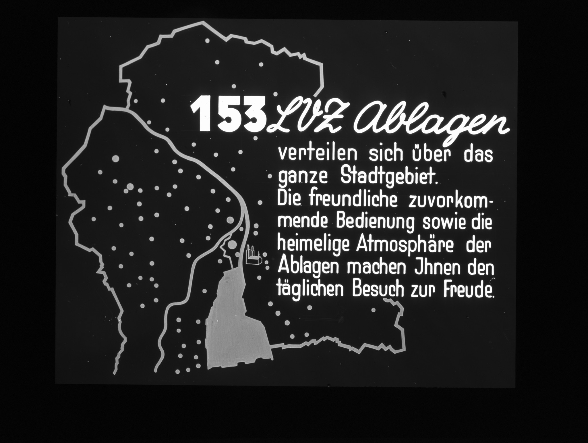 Dia: LVZ-Filialen in der Stadt Zürich: "153 LVZ Ablagen verteilen sich über das ganze Stadtgebiet. Die freundliche zuvorkommende Bedienung sowie die heimelige Atmosphäre der Ablagen machen Ihnen den täglichen Besuch zur Freude."