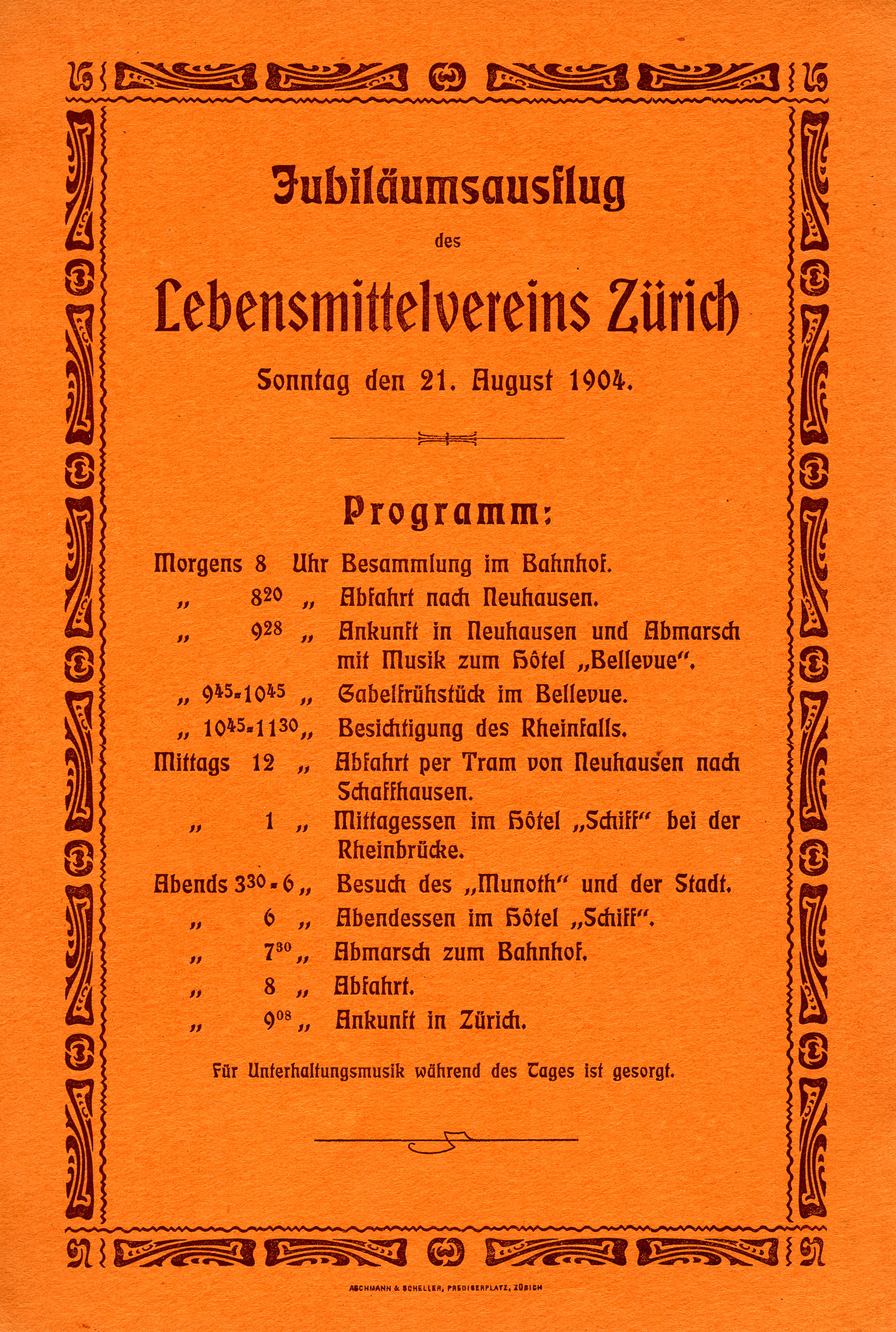 Programmkarte: Jubiläumsausflug des Lebensmittelvereins Zürich Sonntag den 21. August 1904