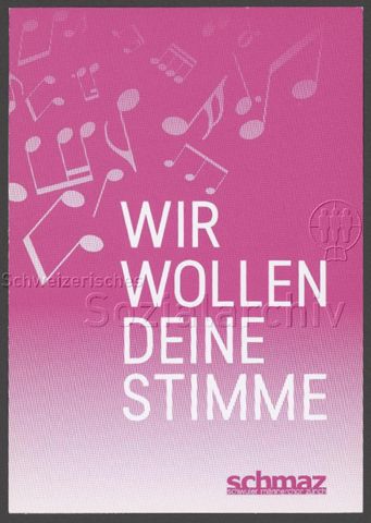 "Wir wollen deine Stimme", Text auf pinkem Grund mit Musiknoten – Werbeflyer des schwulen Männerchor Zürichs "schmaz" (um 2020)