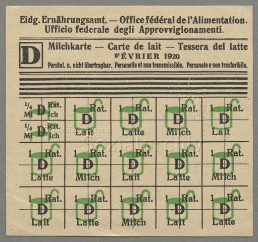 Milchkarte mit Lebensmittelmarken für Milch, 1920