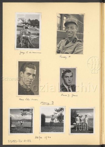 Fotoalbum Nico Kaufmann, 1928–1950 – "George C. de Lausanne" (oben links), "Freddy F." (oben rechts), "Hans Schw. Luzern" (mitte links), "Ernst B. Basel" (oben rechts), "Harry B. – Stäfa 1946" (unten), um 1945/46
