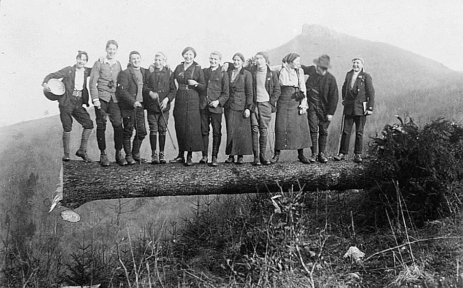 Heimkehr von der Gislifluh - Wandervogelfahrt der Ortsgruppe Seon: Wandervögel stehen auf einem abgeholzten Baumstamm (1914)
