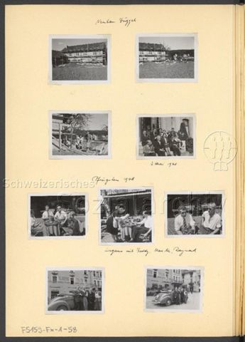 Fotoalbum Nico Kaufmann, 1928–1950 – "Neubau Düggel" (oben), "2 Mai 1948" (mitte-oben rechts), "Pfingsten 1948 – Lugano mit Freddy, Max Sch, Raymond" ((mitte-)unten), 1948