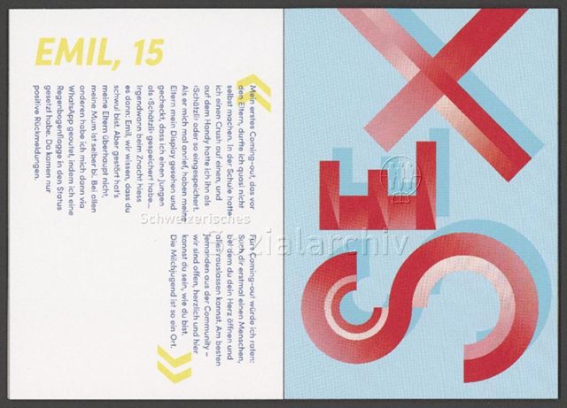 links: "Emil, 15", Kurzportrait; rechts: "Sex" (Sex!) – Infobüchlein für Jugendliche der AIDS-Hilfe Schweiz in Zusammenarbeit mit anderen queeren Organisationen über sexuelle Orientierung, Geschlechtsidentitäten und Coming-Out (August 2019)