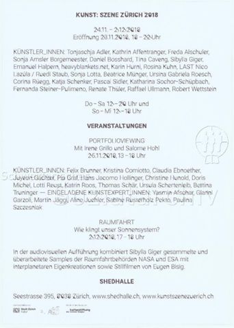 "Kunst: Szene Zürich 2018" - Programm der Shedhalle vom 24.11. bis zum 2.12.2018