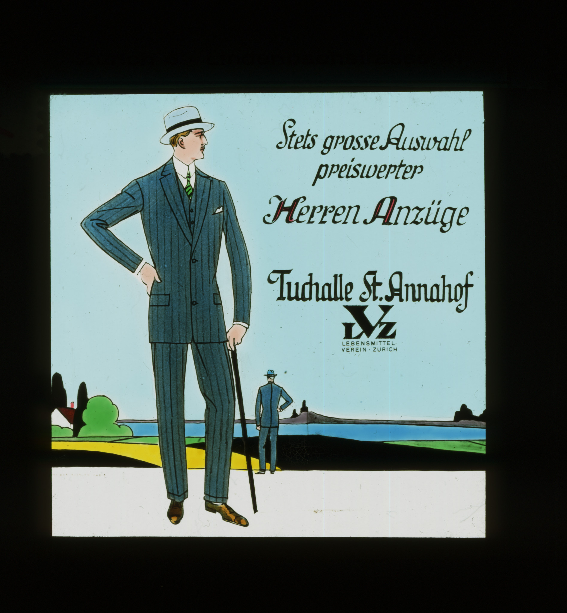 Dia: Werbung für Herrenbekleidung mit einem eleganten Herrn: "Stets grosse Auswahl preiswerter Herren Anzüge Tuchhalle St. Annahof LVZ".