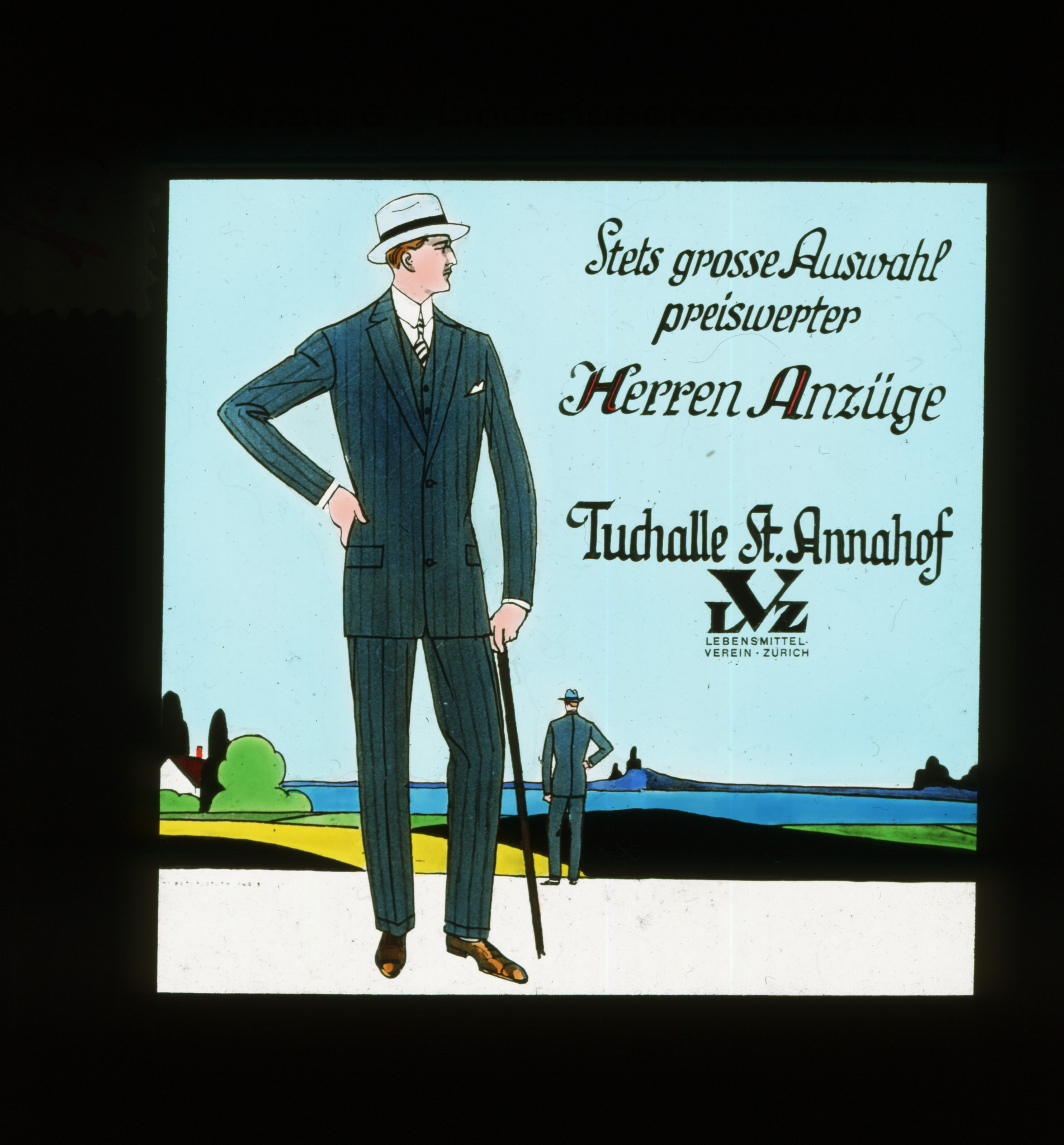 Dia: Eleganter Herr, dazu Text: "Stets grosse Auswahl preiswerter Herren Anzüge / Tuchhalle St. Annahof LVZ".