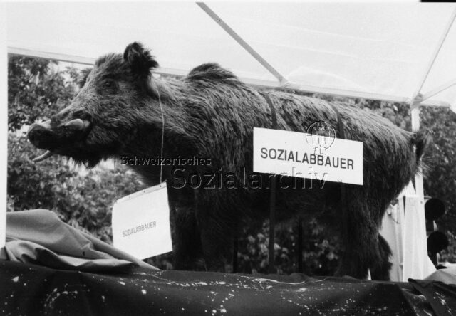 1. Mai-Umzug 1996, Zürich: "Sozialabbauer" - ausgestopftes Wildschwein (Anspielung auf den Financier Martin Ebner)