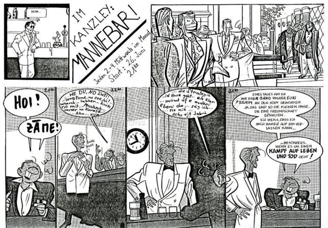 Flugblatt "Im Kanzley [Kanzlei]: Mannebar [Männerbar]. Jeden 2. und 4. Mittwoch im Monat. Start: 26. Juni 21:30", um 1985